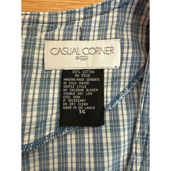 Casual Corner Blue White Plaid Cotton Dress Size 14 Cottagecore - Picture 11 of 11